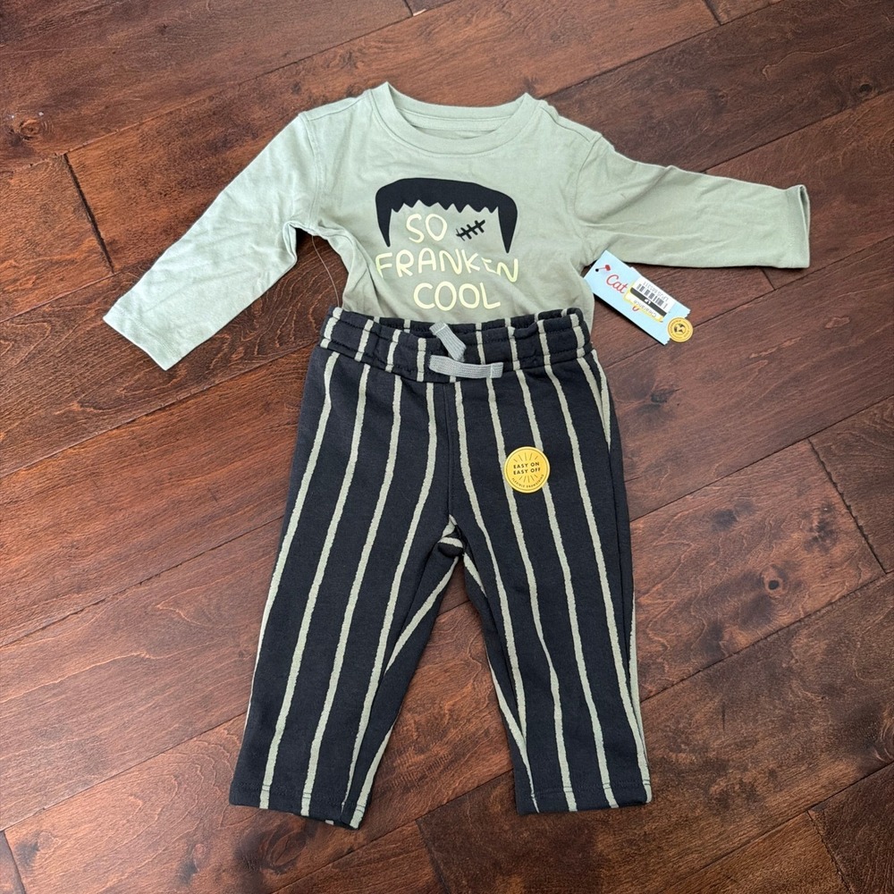 Cat & Jack Boys 3T Frankenstein Halloween Shirt Striped Joggers Set Halloween